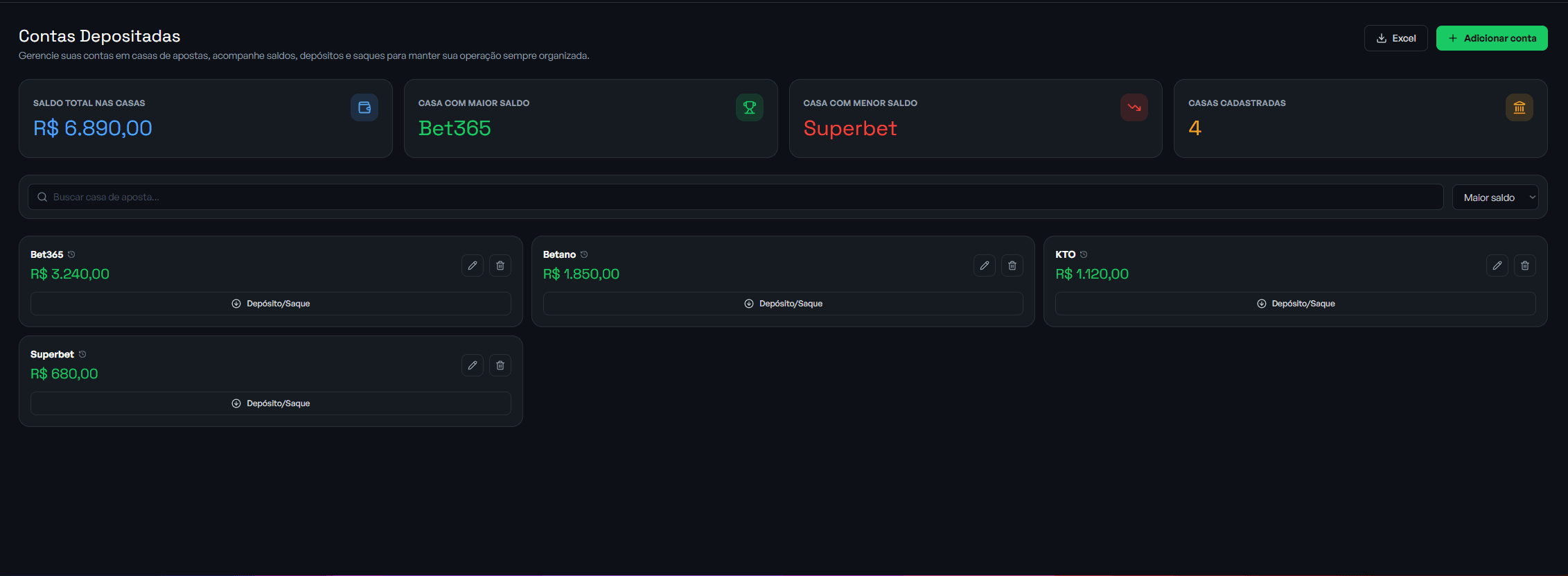 Tela de Casas de apostas do TipsterHUB