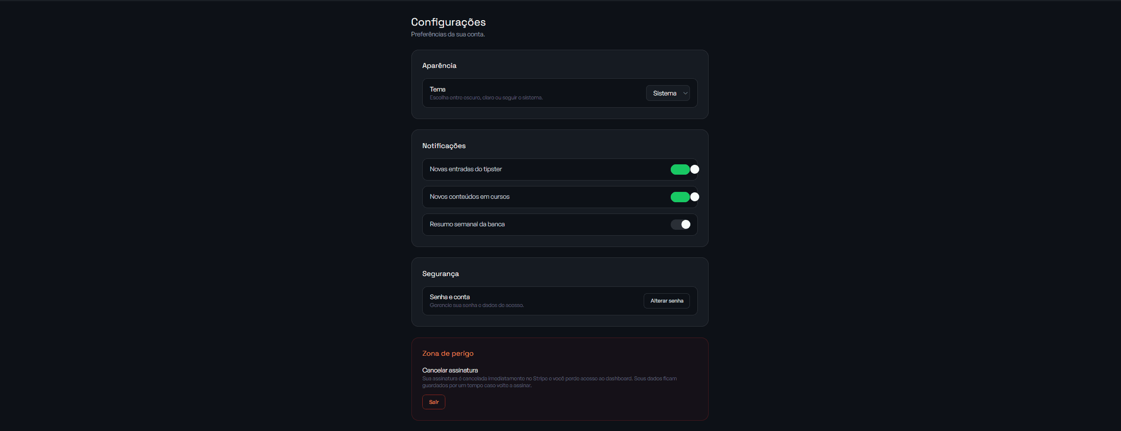 Tela de Configurações do TipsterHUB