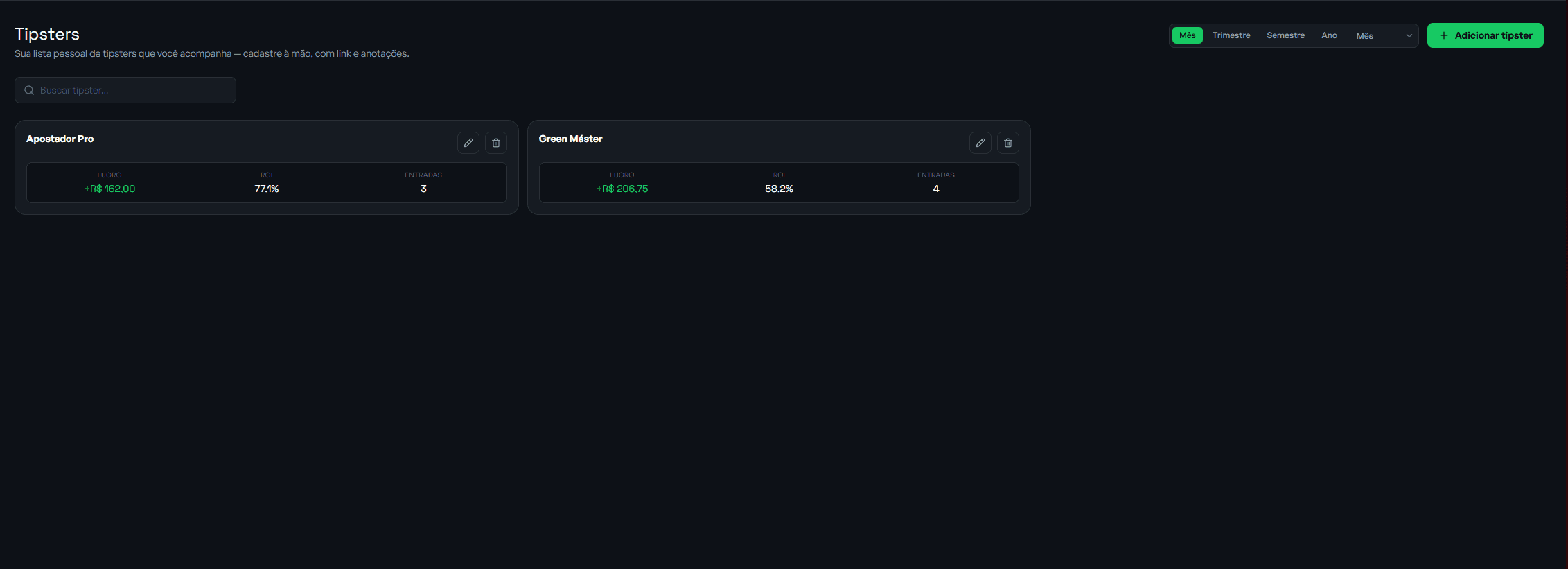 Tela de Tipsters do TipsterHUB